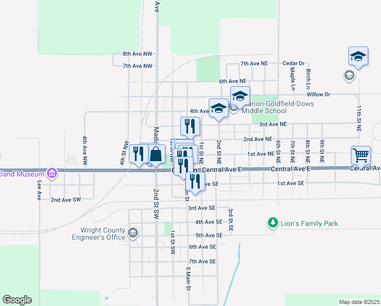 map of restaurants, bars, coffee shops, grocery stores, and more near 115 North Main Street in Clarion