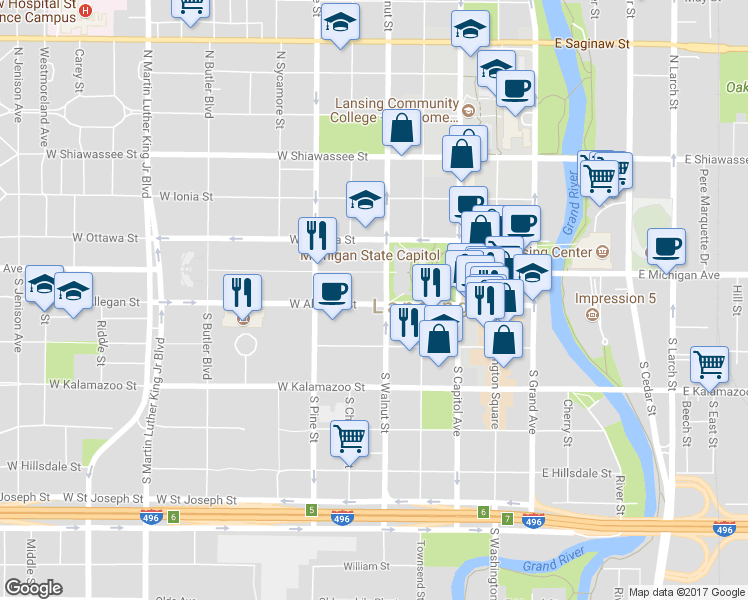 map of restaurants, bars, coffee shops, grocery stores, and more near in Lansing