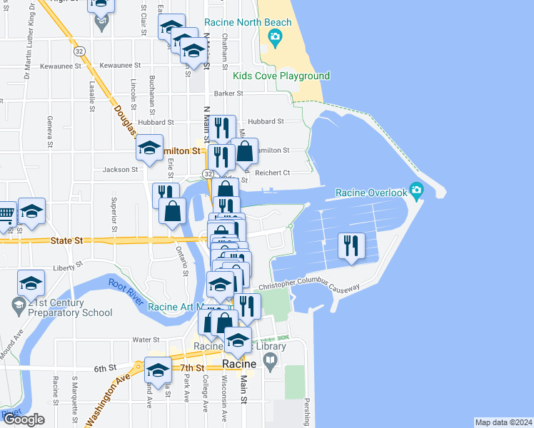 map of restaurants, bars, coffee shops, grocery stores, and more near in Racine