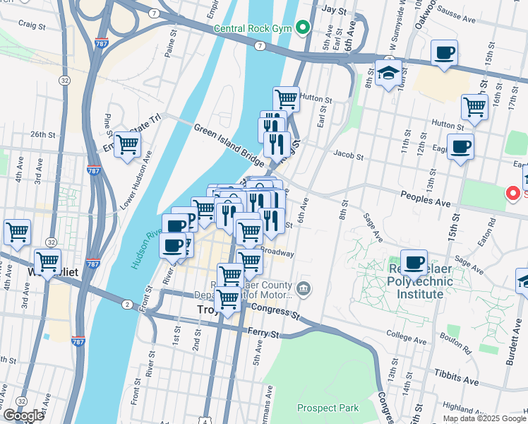 map of restaurants, bars, coffee shops, grocery stores, and more near 30 4th Street in Troy