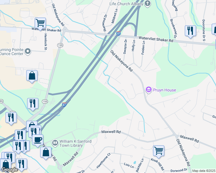 map of restaurants, bars, coffee shops, grocery stores, and more near 3 Saybrook Drive in Latham