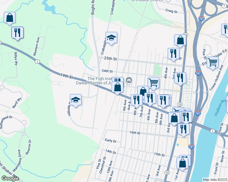 map of restaurants, bars, coffee shops, grocery stores, and more near 2302 10th Avenue in Watervliet