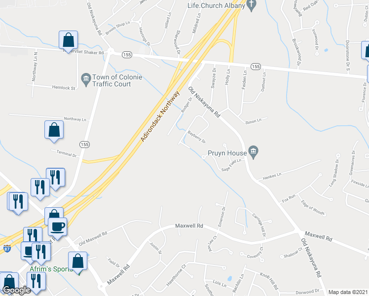 map of restaurants, bars, coffee shops, grocery stores, and more near 3 Bayberry Drive in Latham
