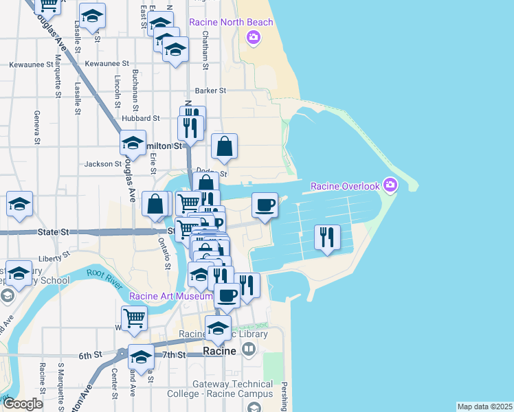 map of restaurants, bars, coffee shops, grocery stores, and more near 39 Reichert Court in Racine