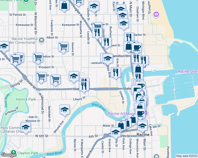 map of restaurants, bars, coffee shops, grocery stores, and more near 1006 Superior Street in Racine