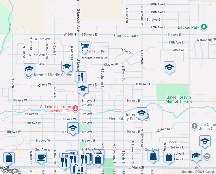 map of restaurants, bars, coffee shops, grocery stores, and more near 313 South Birch Street in Jerome