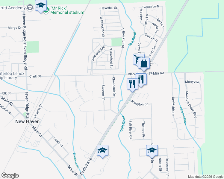 map of restaurants, bars, coffee shops, grocery stores, and more near 58805 Chennault Drive in New Haven