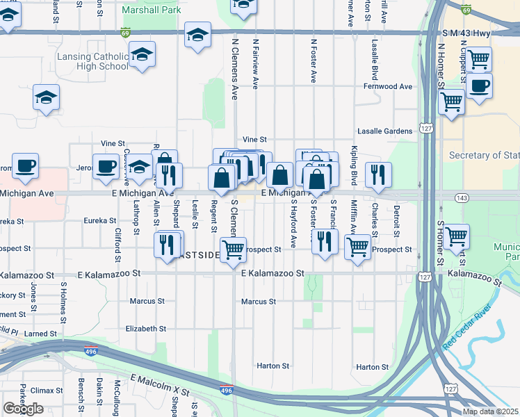 map of restaurants, bars, coffee shops, grocery stores, and more near 2110 East Michigan Avenue in Lansing