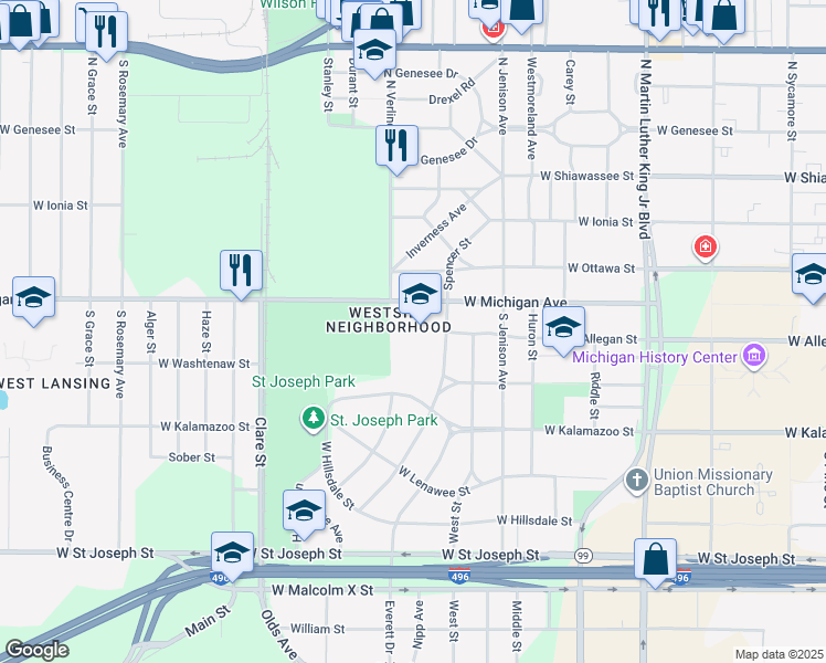 map of restaurants, bars, coffee shops, grocery stores, and more near 102 Mc Pherson Avenue in Lansing