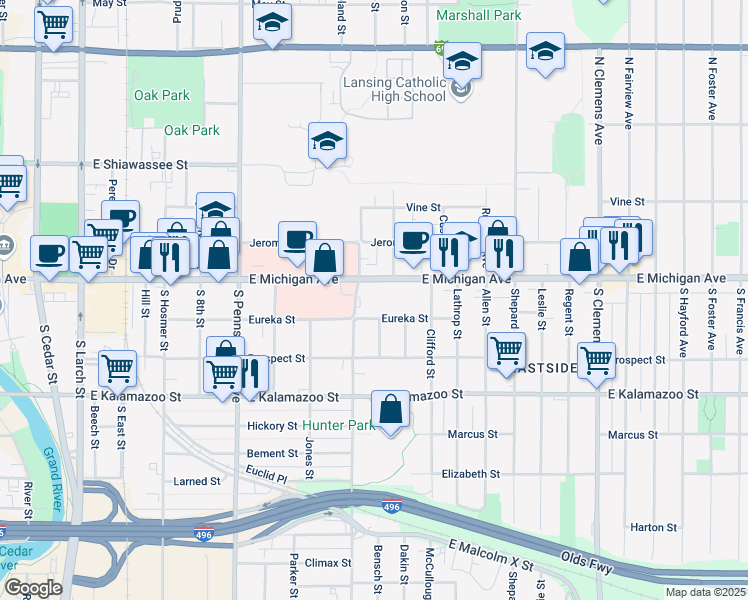 map of restaurants, bars, coffee shops, grocery stores, and more near 1322 East Michigan Avenue in Lansing