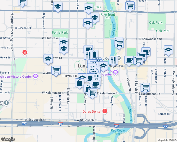 map of restaurants, bars, coffee shops, grocery stores, and more near 124 West Allegan Street in Lansing