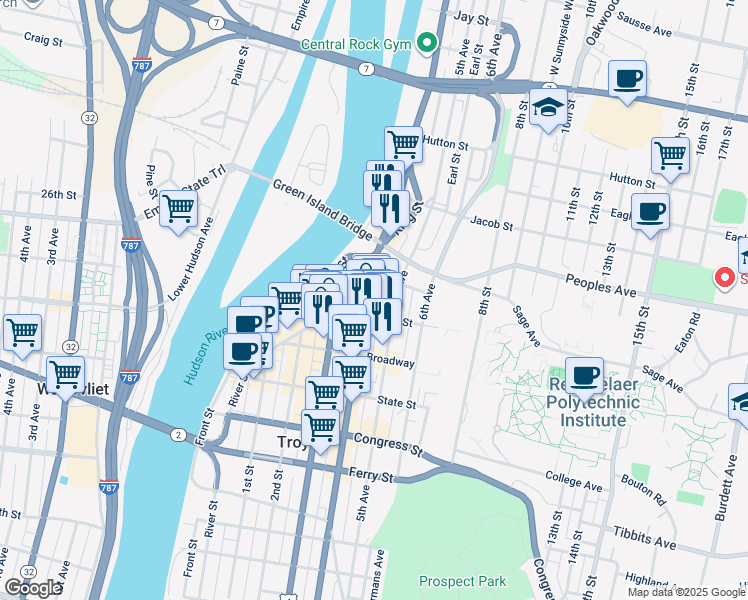 map of restaurants, bars, coffee shops, grocery stores, and more near 2 4th Street in Troy