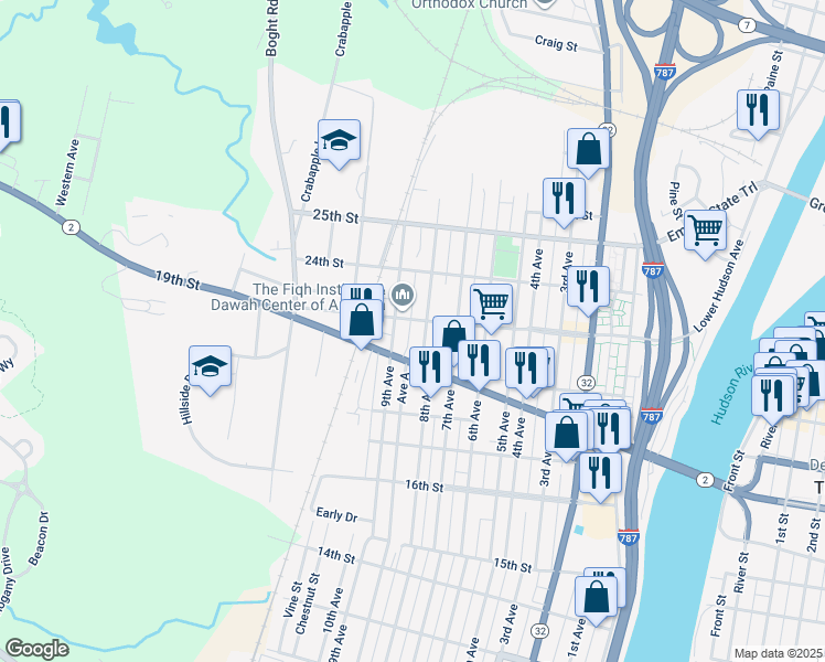 map of restaurants, bars, coffee shops, grocery stores, and more near 821 23rd Street in Watervliet