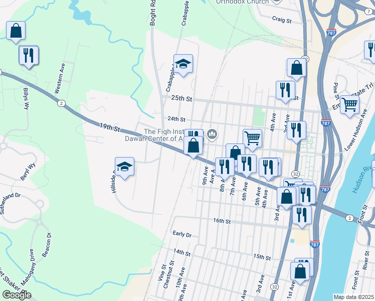 map of restaurants, bars, coffee shops, grocery stores, and more near 2302 10th Avenue in Watervliet