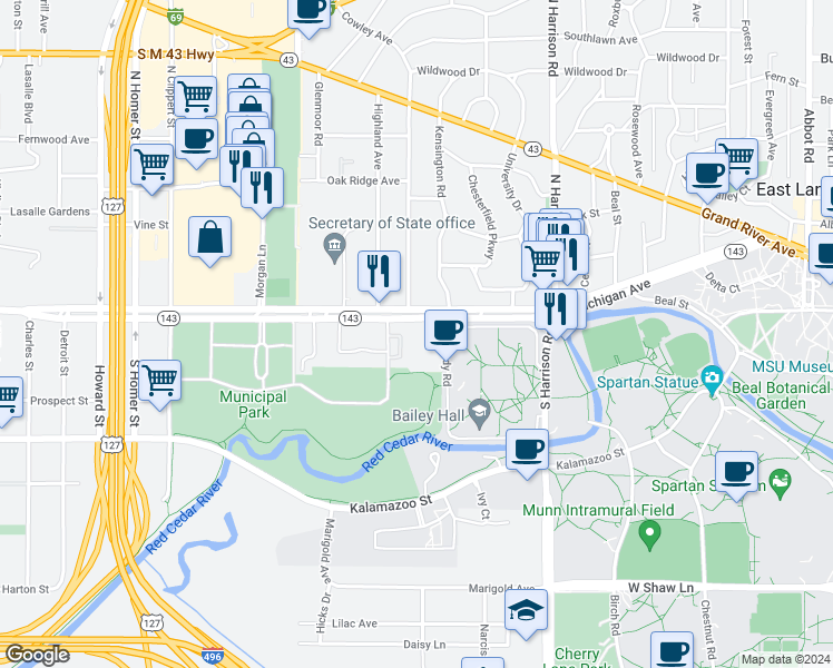 map of restaurants, bars, coffee shops, grocery stores, and more near in East Lansing
