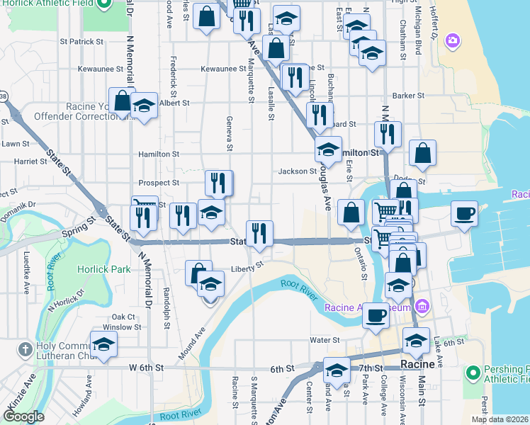 map of restaurants, bars, coffee shops, grocery stores, and more near 1005 Gideon Court in Racine