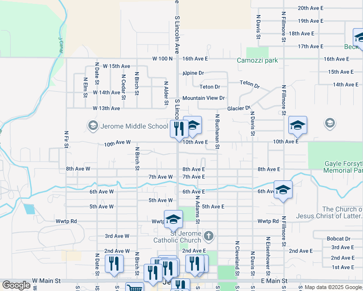 map of restaurants, bars, coffee shops, grocery stores, and more near 1034 North Lincoln Avenue in Jerome