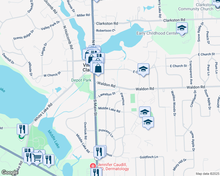 map of restaurants, bars, coffee shops, grocery stores, and more near 36 Waldon Road in Clarkston