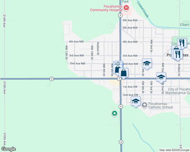 map of restaurants, bars, coffee shops, grocery stores, and more near 901-999 1st Avenue Northwest in Pocahontas