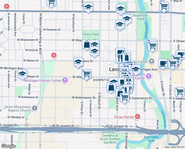 map of restaurants, bars, coffee shops, grocery stores, and more near in Lansing