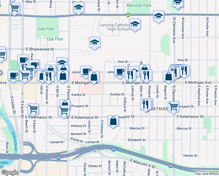 map of restaurants, bars, coffee shops, grocery stores, and more near 1322 East Michigan Avenue in Lansing