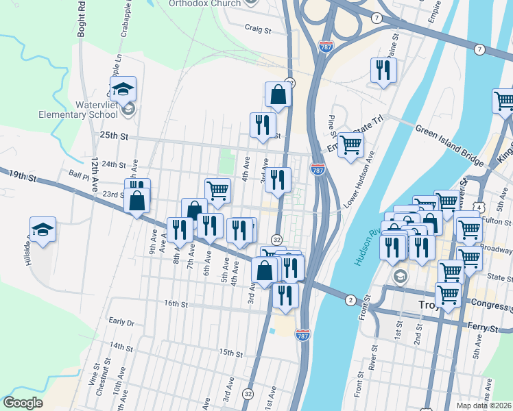 map of restaurants, bars, coffee shops, grocery stores, and more near 2321 3rd Avenue in Watervliet