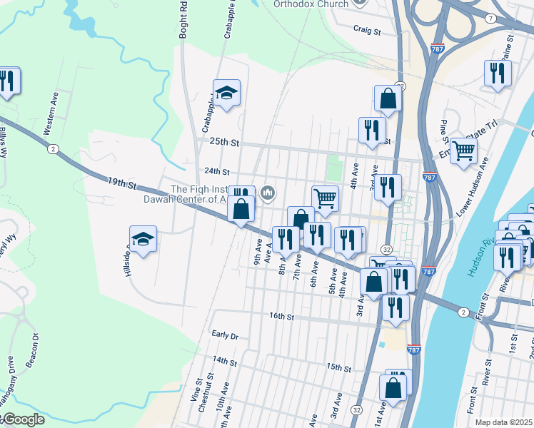 map of restaurants, bars, coffee shops, grocery stores, and more near 821 23rd Street in Watervliet