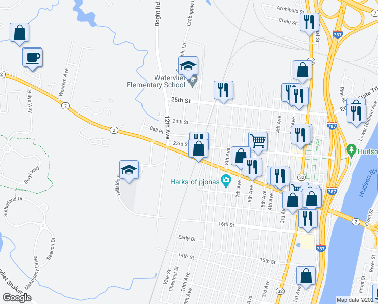 map of restaurants, bars, coffee shops, grocery stores, and more near 1020 23rd Street in Watervliet