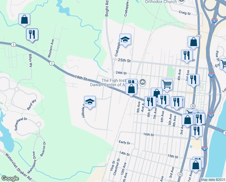 map of restaurants, bars, coffee shops, grocery stores, and more near 1901 12th Avenue in Watervliet