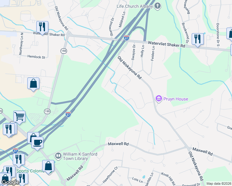 map of restaurants, bars, coffee shops, grocery stores, and more near 3 Bayberry Drive in Latham