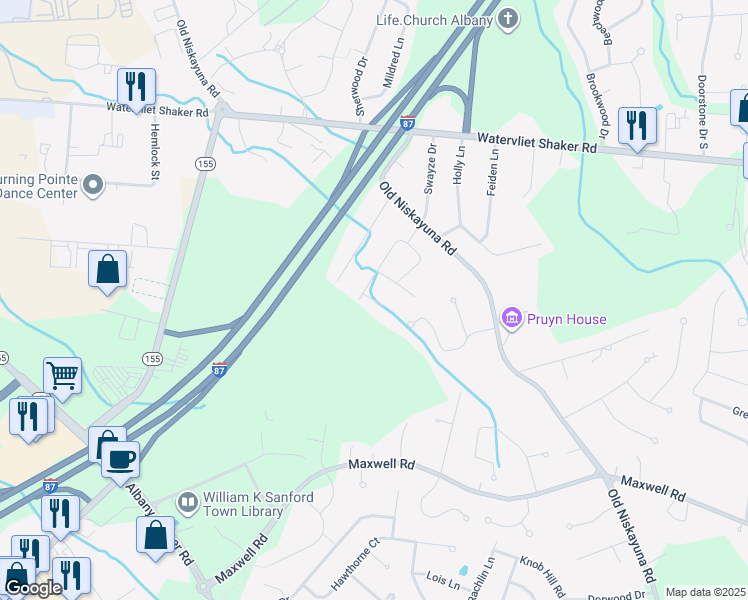 map of restaurants, bars, coffee shops, grocery stores, and more near 3 Bayberry Drive in Latham