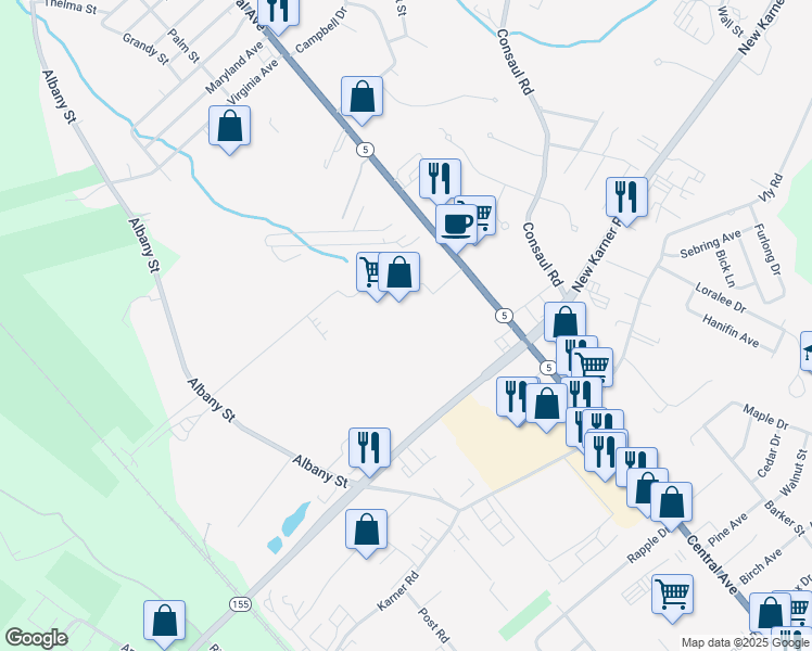 map of restaurants, bars, coffee shops, grocery stores, and more near 1892 Central Avenue in Colonie