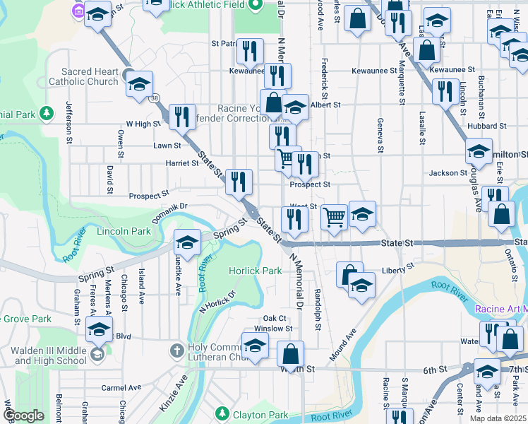 map of restaurants, bars, coffee shops, grocery stores, and more near 1618 West Street in Racine