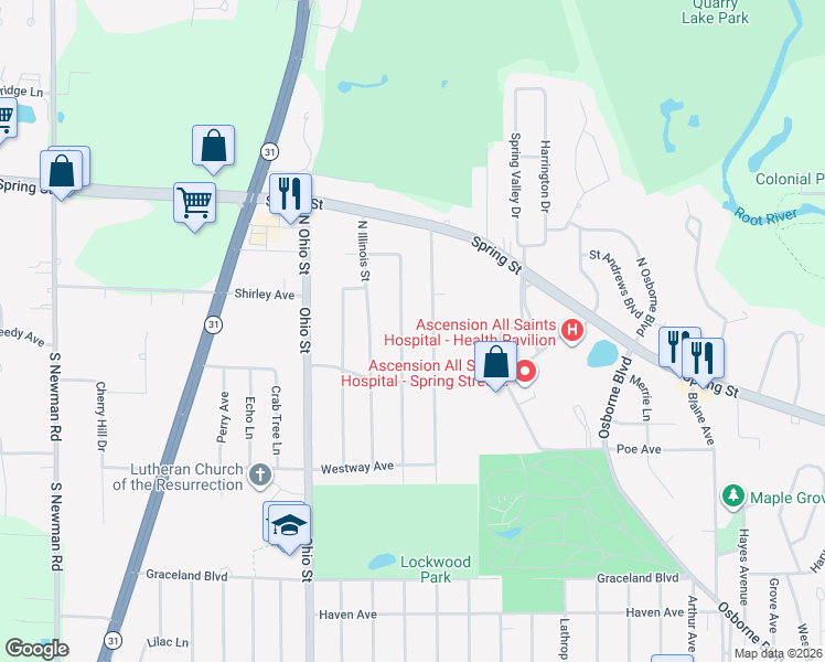 map of restaurants, bars, coffee shops, grocery stores, and more near 19 Oregon Street in Racine