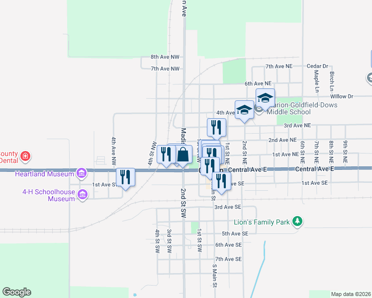 map of restaurants, bars, coffee shops, grocery stores, and more near in Clarion