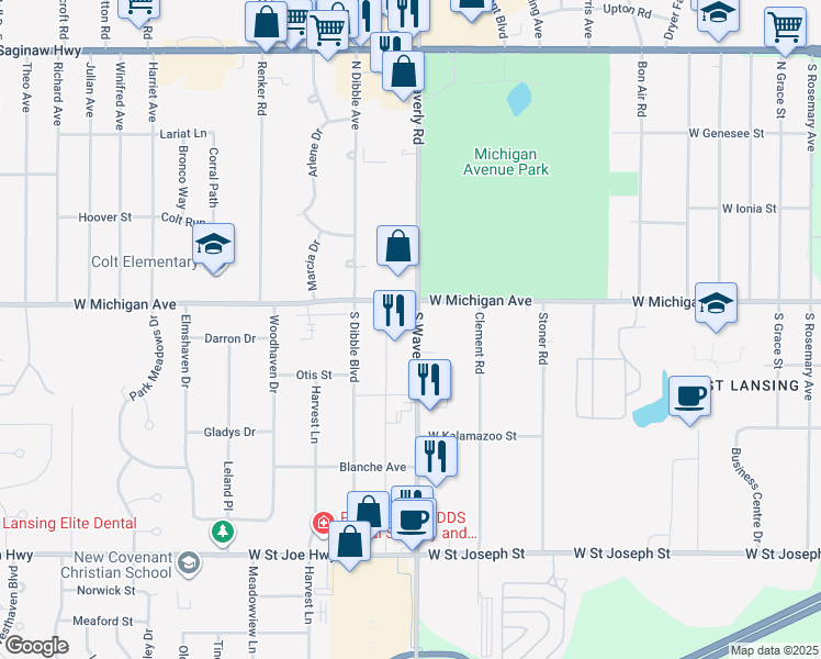 map of restaurants, bars, coffee shops, grocery stores, and more near in Waverly
