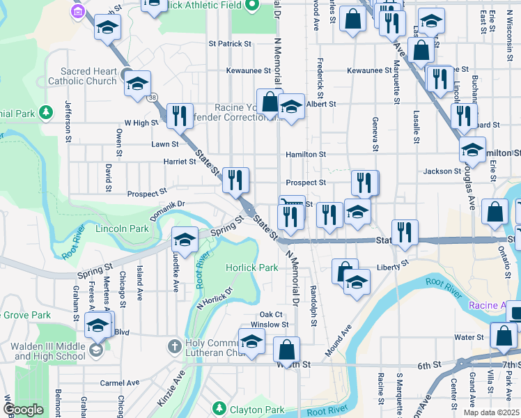 map of restaurants, bars, coffee shops, grocery stores, and more near 1618 West Street in Racine
