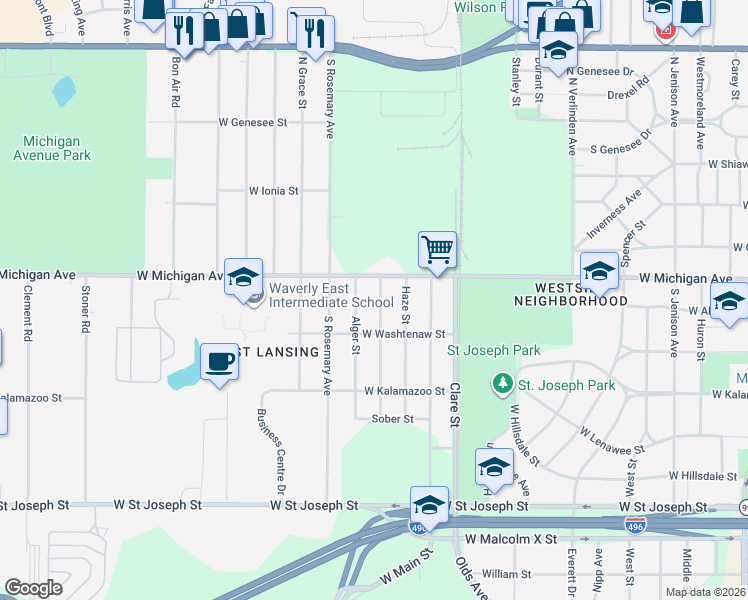 map of restaurants, bars, coffee shops, grocery stores, and more near 2517 West Michigan Avenue in Lansing
