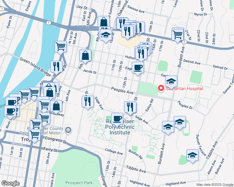 map of restaurants, bars, coffee shops, grocery stores, and more near 1223 Peoples Ave in Troy