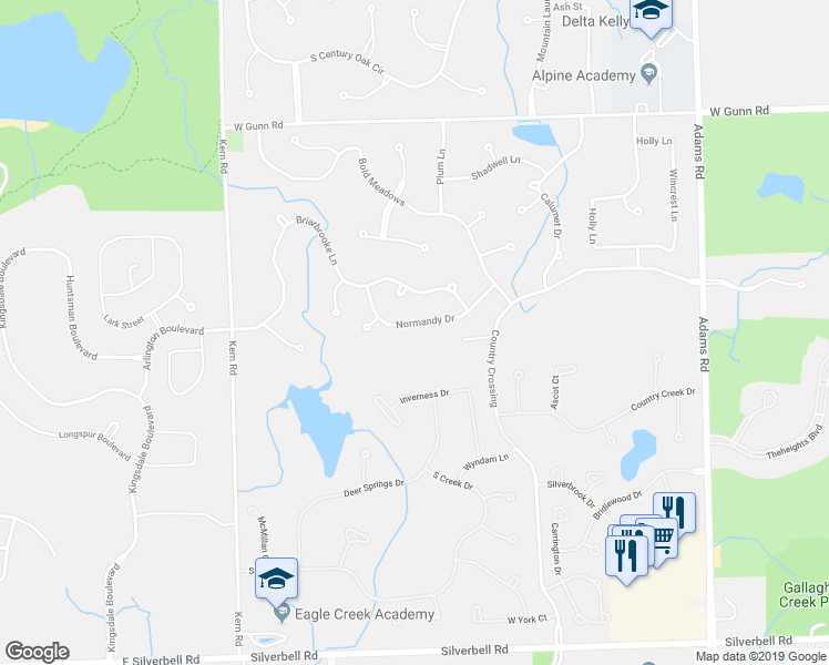 map of restaurants, bars, coffee shops, grocery stores, and more near 3585 Normandy Drive in Rochester Hills