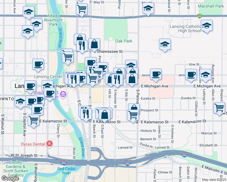 map of restaurants, bars, coffee shops, grocery stores, and more near 108 South Hosmer Street in Lansing