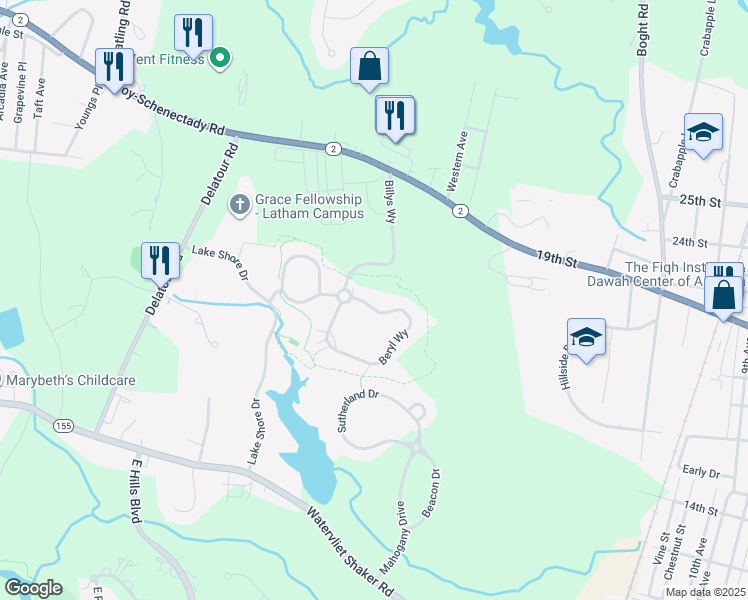 map of restaurants, bars, coffee shops, grocery stores, and more near 109 Beryl Way in Watervliet
