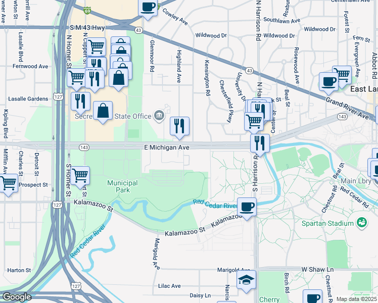 map of restaurants, bars, coffee shops, grocery stores, and more near 1151 East Michigan Avenue in Lansing