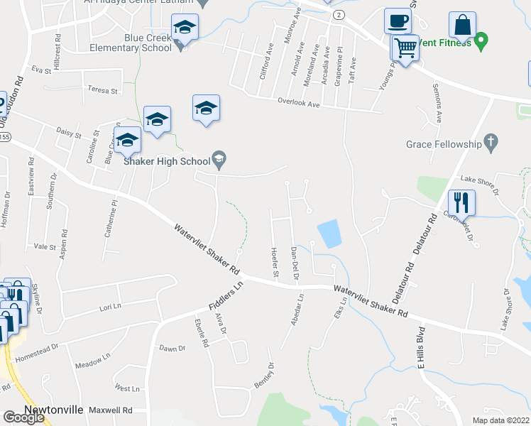 map of restaurants, bars, coffee shops, grocery stores, and more near 22 Hoefer Street in Latham