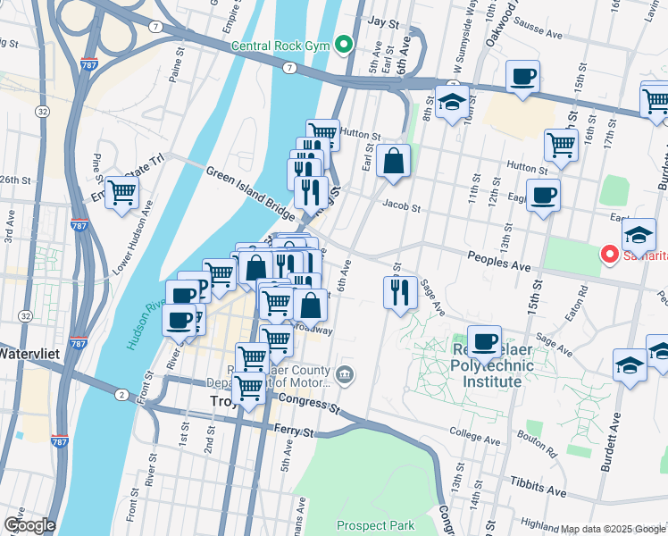 map of restaurants, bars, coffee shops, grocery stores, and more near 521 Grand Street in Troy