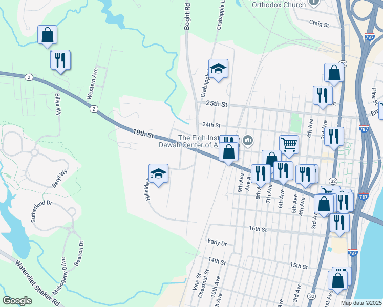 map of restaurants, bars, coffee shops, grocery stores, and more near 1901 12th Avenue in Watervliet