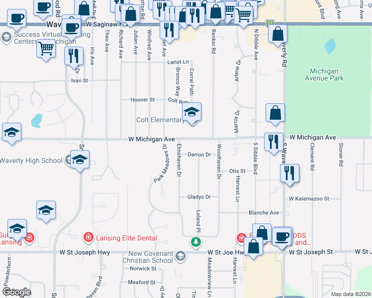 map of restaurants, bars, coffee shops, grocery stores, and more near 113 Elmshaven Drive in Lansing