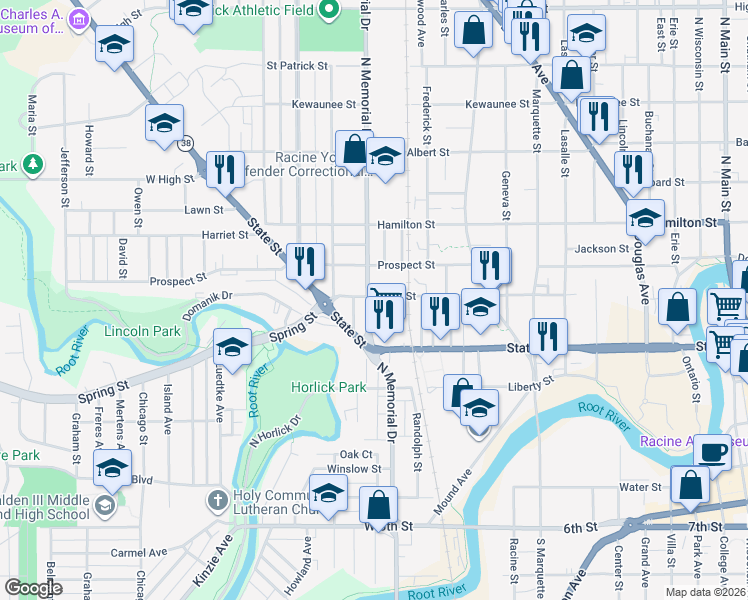 map of restaurants, bars, coffee shops, grocery stores, and more near 1524 West Street in Racine