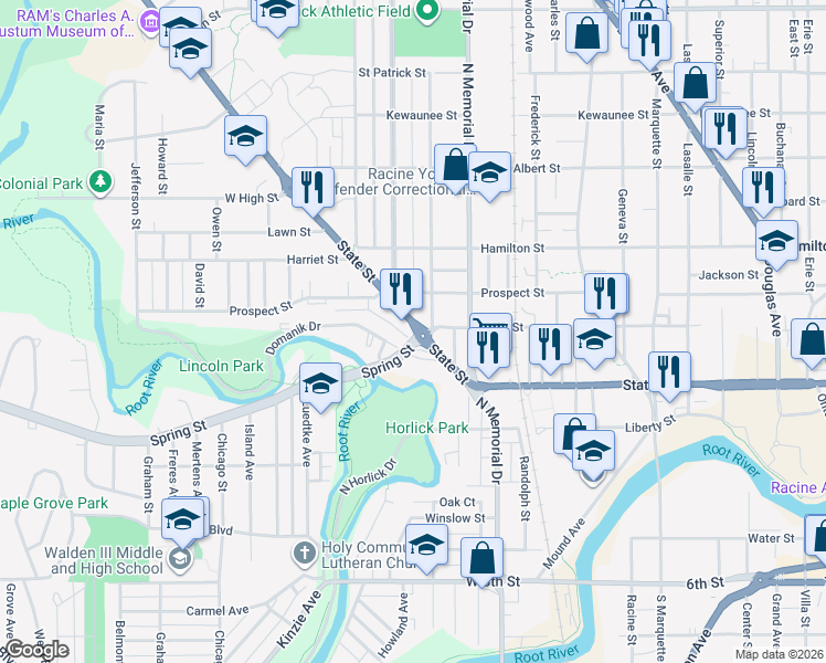 map of restaurants, bars, coffee shops, grocery stores, and more near 1743 Wisconsin 38 Trunk in Racine