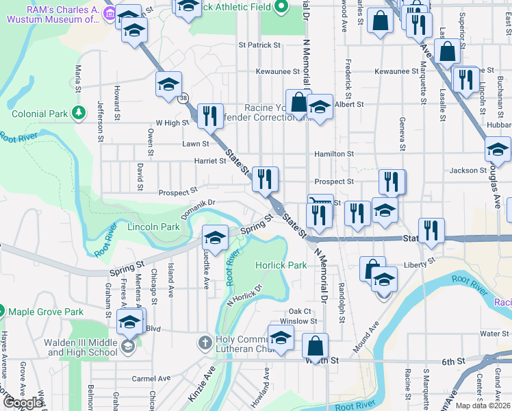 map of restaurants, bars, coffee shops, grocery stores, and more near 1769 Hill Street in Racine
